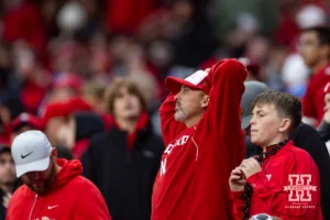 Nebraska Cornhusker fan reacting to the action on the field against the UCLA Bruins in the fourth quarter during a college football game Saturday, November 2, 2024, in Lincoln, Nebraska. Photo by John S. Peterson.