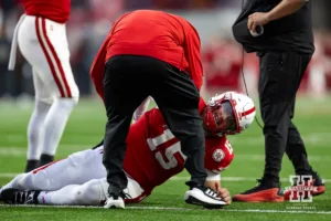 Nebraska Cornhusker quarterback Dylan Raiola (15) gets injured running with the ball in the fourth quarter against the UCLA Bruins during a college football game Saturday, November 2, 2024, in Lincoln, Nebraska. Photo by John S. Peterson.