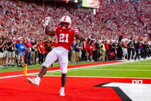 Nebraska Cornhusker Emmett Johnson (21) celebrates scoring a touchdown in the second quarter against the Akron Zips during a college football game on Saturday, September 6, 2025 in Lincoln, NE. Photo by John S. Peterson.