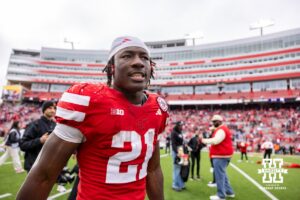Nebraska Cornhusker running back Emmett Johnson (21) heads to the locker room after the win over the Northwestern Wildcats during a college football game on Saturday, October 25, 2025, in Lincoln, Nebraska. Photo by John S. Peterson.
