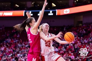 Nebraska Cornhusker guard Britt Prince (23) makes a lay up against Maryland Terrapin guard Yarden Garzon (12) in the third quarter during a women’s basketball game on Saturday, Feb. 7, 2026, in Lincoln, Nebraska. Photo by John S. Peterson.